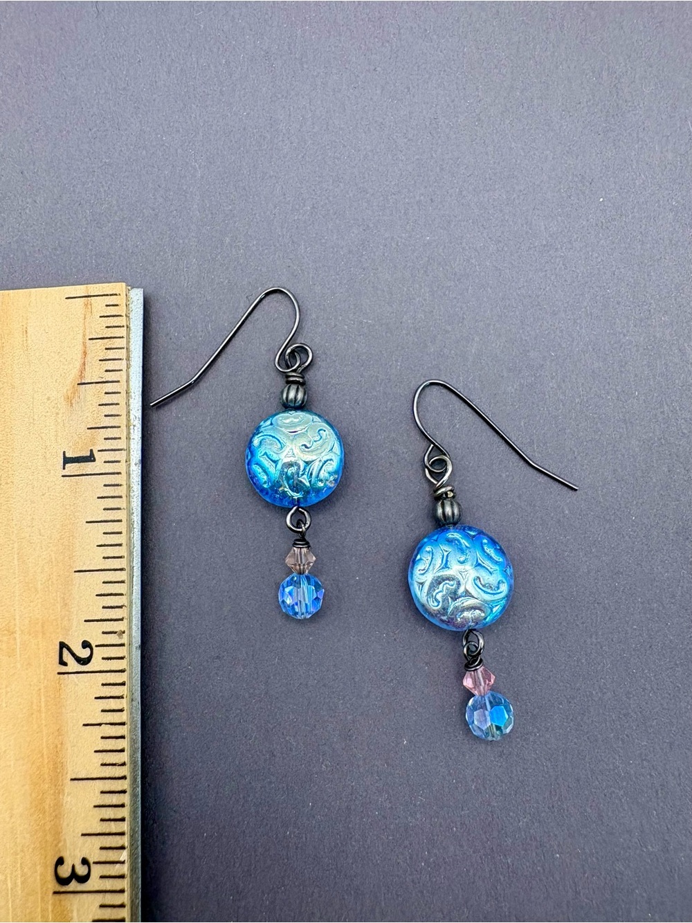Blue Iridescent Czech Glass and Swarovski Crystal Dangle Earrings - Picture 3 of 3